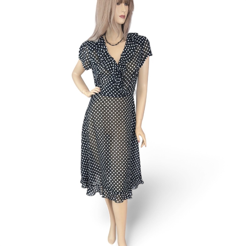 Black Polka Dot Midi Dress Ruffle Small‎ V Neck Sheer Coquette Tea Dress